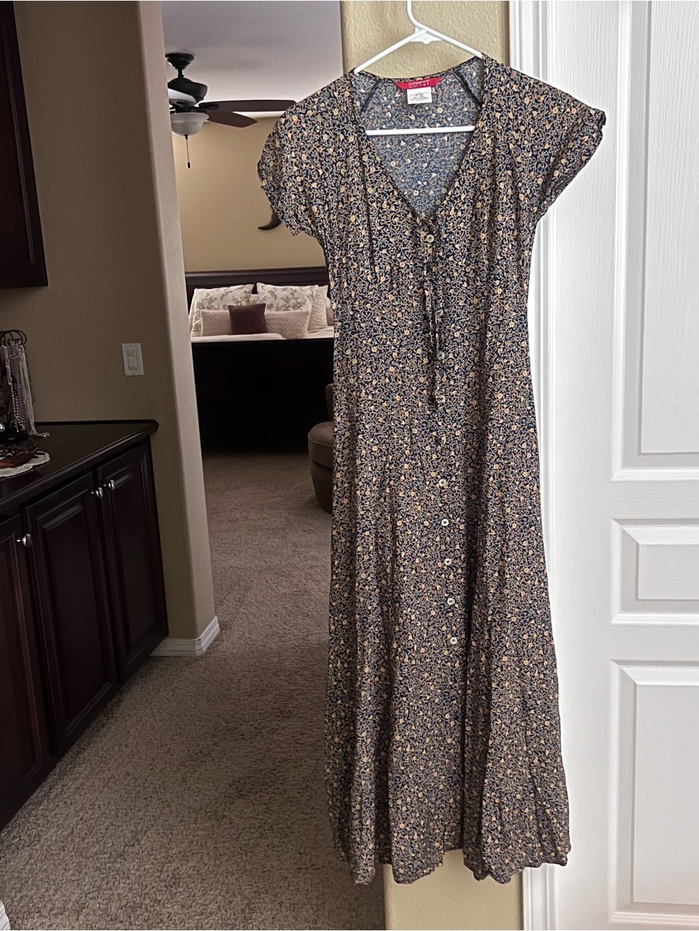 Esprit Navy Floral Button-Front Maxi Dress with Tan Accents